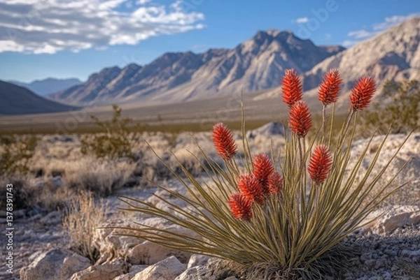 Fototapeta Vivid desert plant with red flowers against a mountain backdrop.  A cluster of vibrant red flowers, resembling tiny pinecones, crowns a desert plant with long, light-brown leaves. 