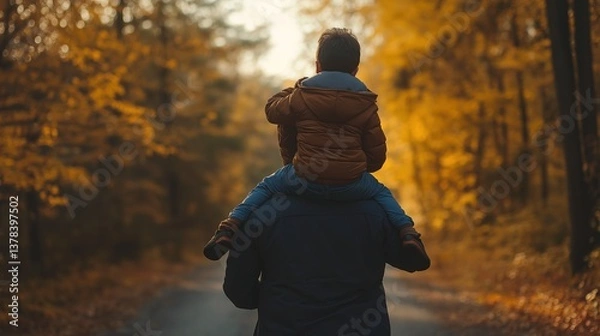Obraz Handsome man carrying his son on his shoulders, back view of father and boy walking down a country road in autumn, with morning light
