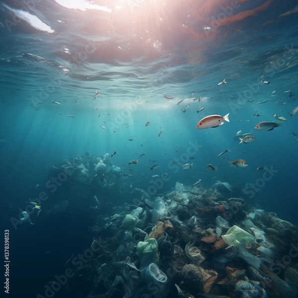 Fototapeta The concept of an ecological disaster of ocean pollution with plastic and garbage.