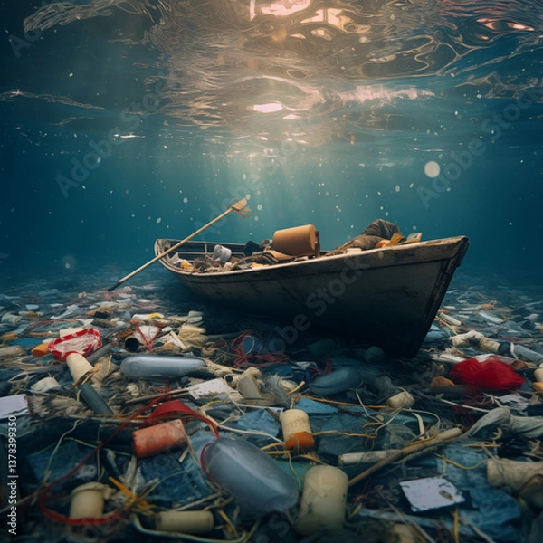Fototapeta The concept of an ecological disaster of ocean pollution with plastic and garbage.