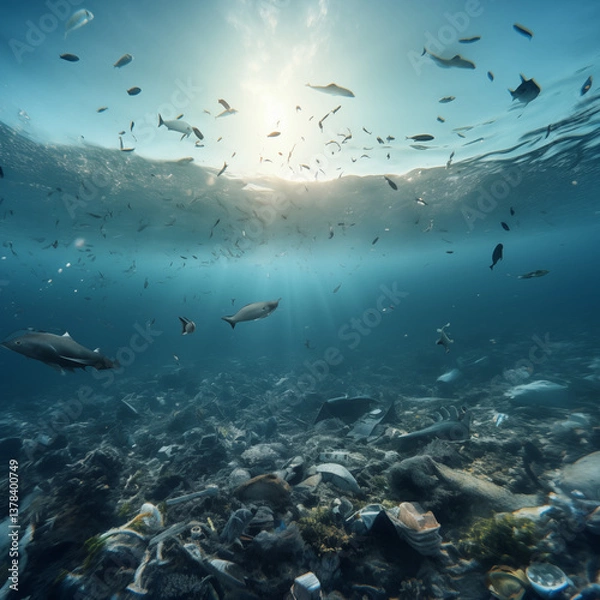 Fototapeta The concept of an ecological disaster of ocean pollution with plastic and garbage.