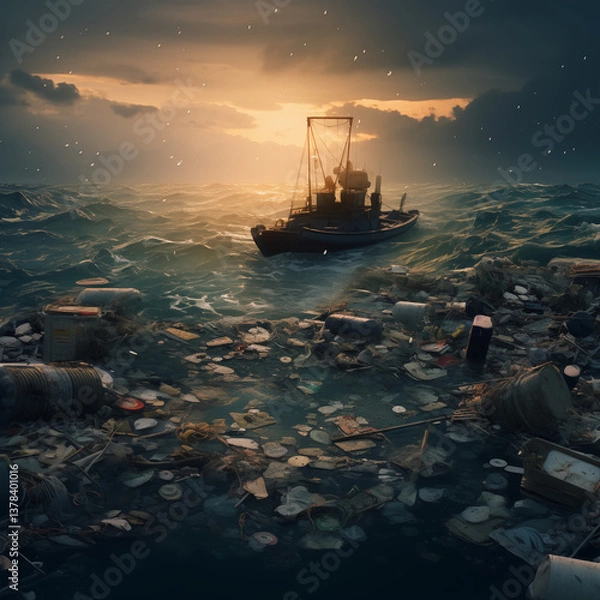 Fototapeta The concept of an ecological disaster of ocean pollution with plastic and garbage.