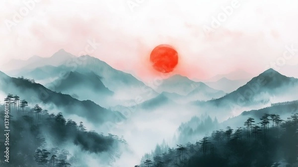 Obraz serene watercolor mountain painting with red sun – serene watercolor mountain with red sun and mist – serene watercolor mountain landscape with red sun inspiration