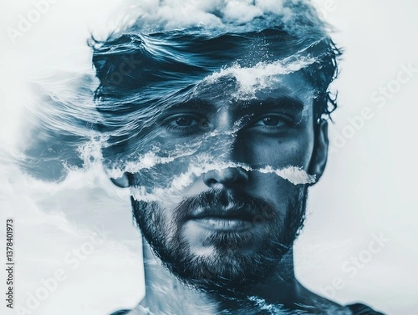 Obraz dreamlike double exposure portrait with waves – dreamlike double exposure portrait in oceanic style – dreamlike double exposure portrait expressing inner peace and sea