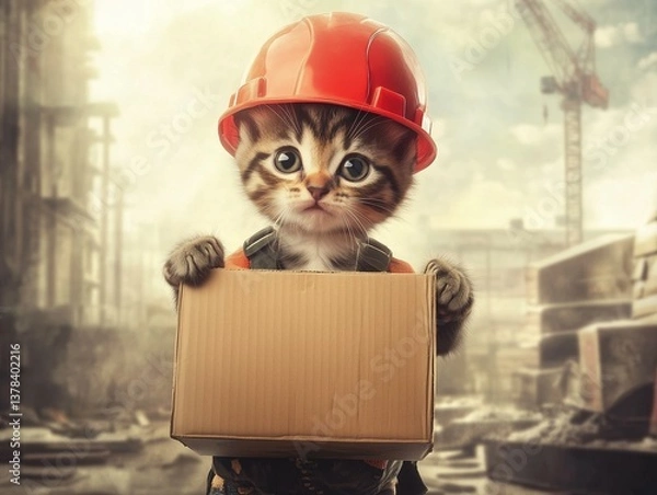 Obraz Cute kitten construction worker with box – cute kitten construction worker with box for funny construction theme – cute kitten construction worker with box and hard hat