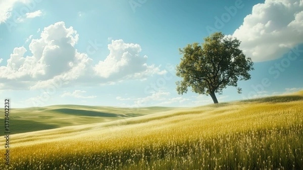 Obraz Minimal natural landscape with single tree | minimal natural landscape wide view in golden field | minimal natural landscape with peaceful scenery