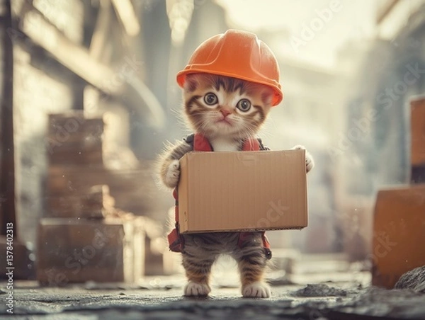 Obraz Cute cat construction worker with box – cute cat construction worker holding cardboard – cute cat construction worker for whimsical pet concept