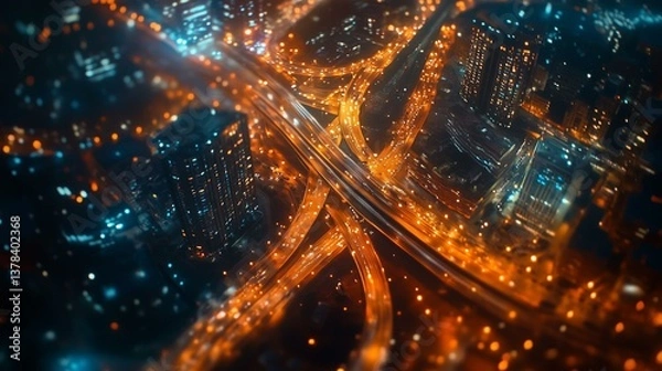 Obraz Aerial futuristic highway cityscape with neon glow, futuristic highway cityscape with orange neon light, futuristic highway cityscape from above with city glow