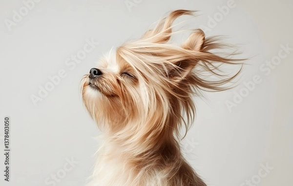 Fototapeta Dog with long hair is standing on a white background. The dog has a happy expression on its face