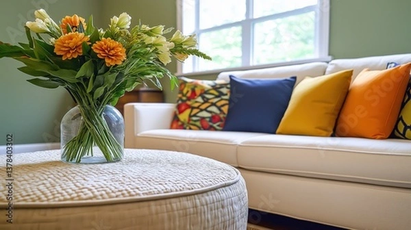 Fototapeta Bright and airy living space with a stylish sofa and vibrant floral arrangement creating a cozy atmosphere
