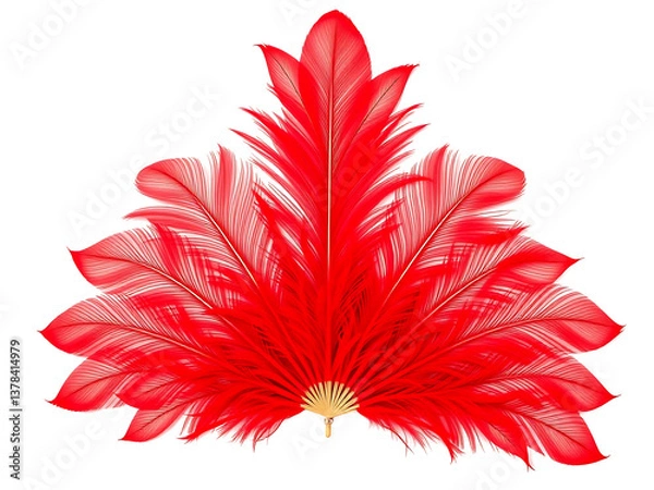 Fototapeta Vibrant red feather fan elegantly arranged against white background shows rich color and detailed texture. AI Generated