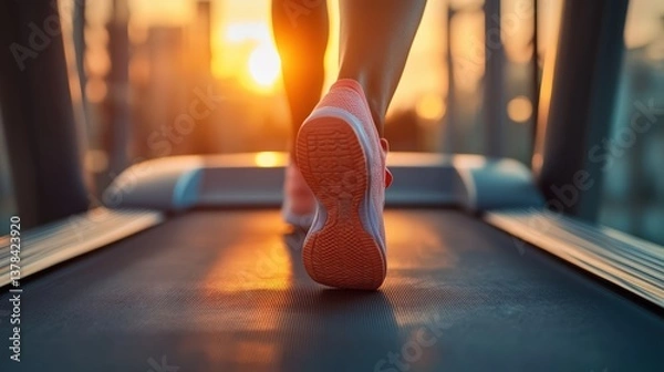 Fototapeta A person in athletic gear jogs on a treadmill inside a gym