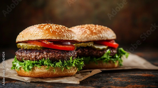 Obraz Juicy Beef Burgers with Sesame Buns, Fresh Vegetables, Close-up Food Photography