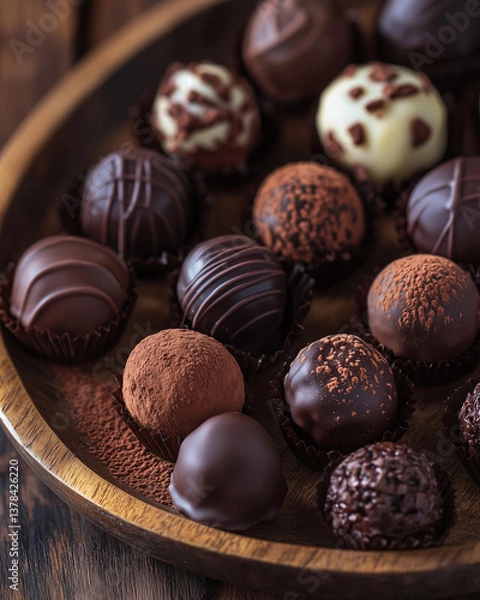 Fototapeta assorted dark chocolate truffles dusted with cocoa powder on a rustic wooden plate, soft lighting, elegant and luxurious presentation