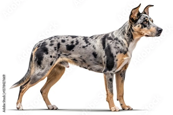 Fototapeta A cute, brown and black mixed breed pup, a small Great Dane, and an isolated terrier sit on a white background