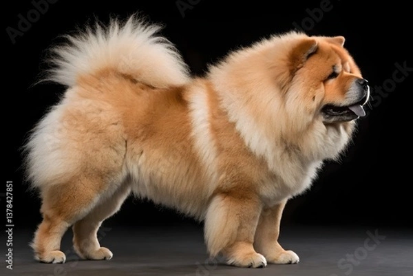 Fototapeta A fluffy brown and white Pomeranian puppy, a small, cute canine breed, isolated on white
