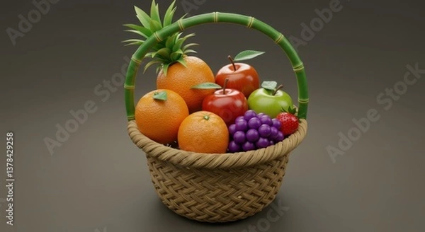 Fototapeta Vibrant Fruit Basket Still Life: A Delightful Arrangement of Oranges, Apples, Grapes, and Pineapple in a Rustic Woven Basket