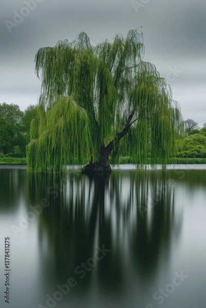 Fototapeta Beautiful Weeping Willow Tree Reflected in Calm Water, Nature Landscape with Serene Atmosphere.
