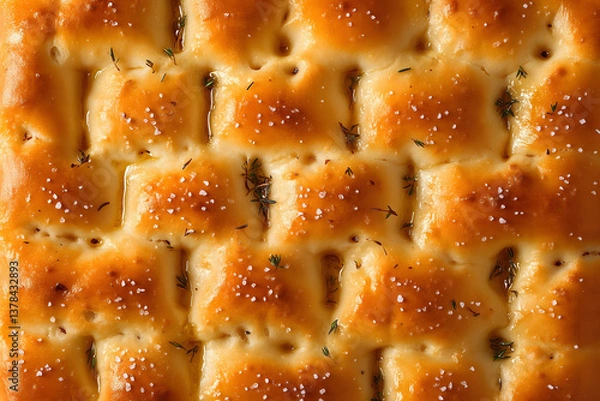 Obraz Macro view of a golden brown focaccia with sea salt, rosemary and olive oil
