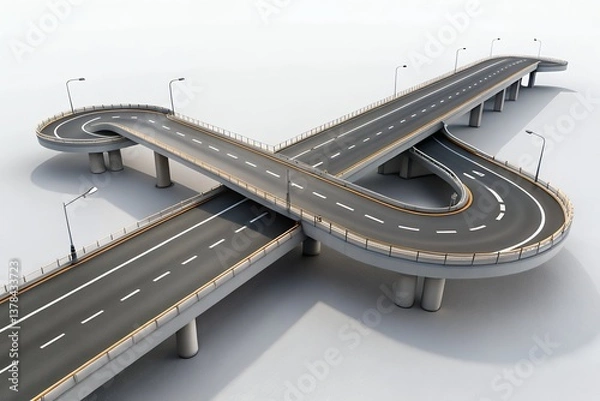 Obraz A complex highway interchange gracefully curves and connects, showcasing modern infrastructure design with clean lines and a bright, minimalist background.