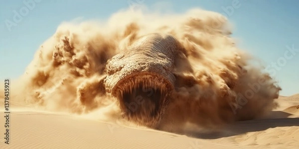 Obraz Desert sandworm bursting from beneath the dunes with immense force