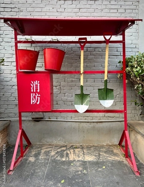 Obraz Stand with for fire fighting equipment in China. Sign in Chinese means ''Fire Control'' or ''Fire Fighting''.