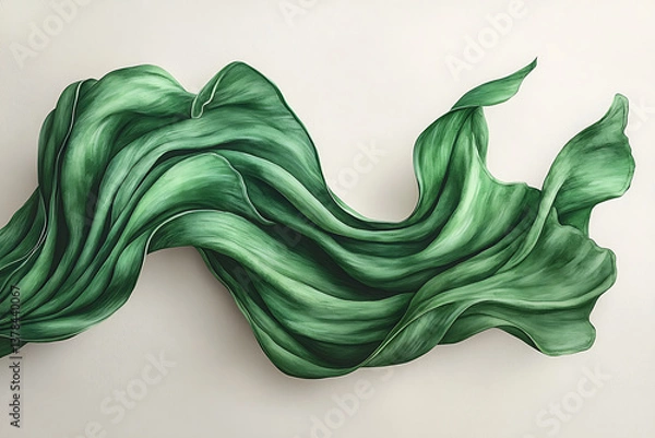 Fototapeta Elegant depiction of flowing green fabric meticulously rendered with shadows on a neutral background.