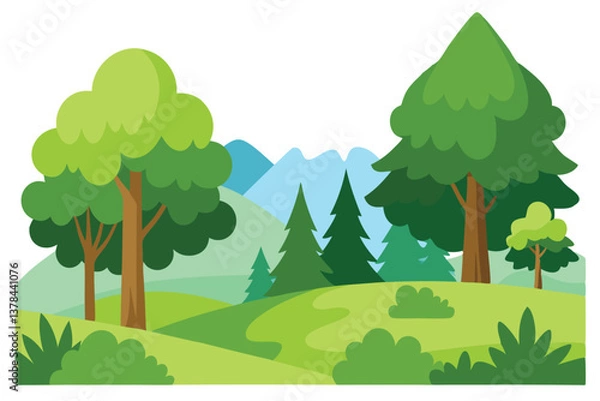 Fototapeta Scenic Cartoon Landscape with Green Trees, Mountains, and Rolling Green Hills