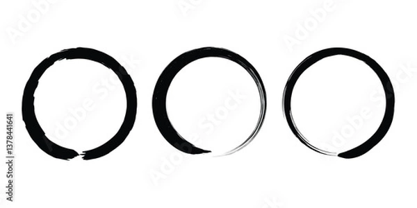 Fototapeta Set of black grunge paintbrush strokes. Enso Zen symbol. Circular label, logo, text frame, banner, emblem, badge. Grunge design element. Isolated. Distress texture. Ink brush strokes	
