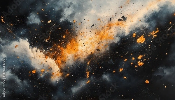 Obraz Explosive celestial event.  Fiery debris erupts from a massive cosmic explosion, against a backdrop of dark clouds