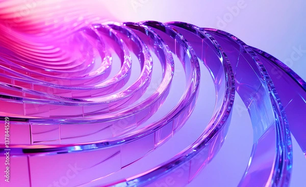 Obraz Abstract 3d background with glass spiral swirl effect of row square plates. Holographic gradient light curve wave line pattern. Futuristic architecture design, render tech banner. 3D illustration
