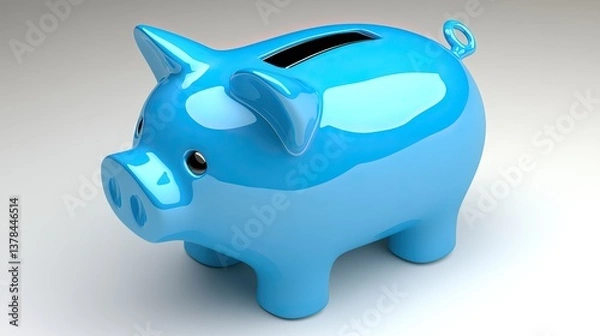 Fototapeta A blue piggy bank with a coin slot on top, placed on a simple white surface