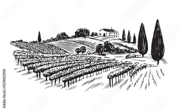 Obraz Vineyard landscape on white, hand drawn 
