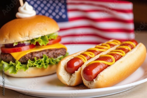 Fototapeta two hot dogs and a hamburger on a plate with an american flag
