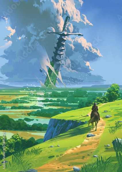 Fototapeta A rider on horseback journeys through a lush valley toward an enormous sword embedded in the distant earth under a dramatic sky, digital art style, illustration painting