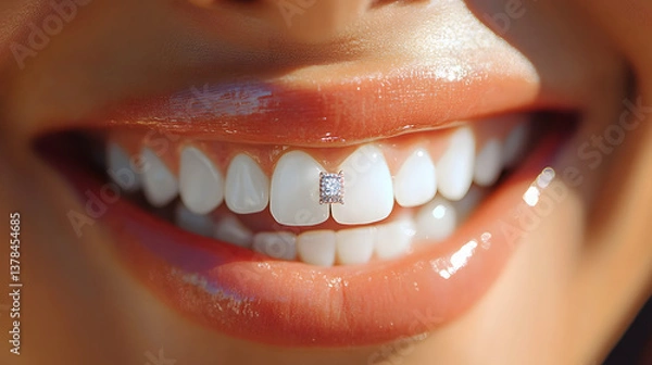 Obraz Woman showcasing diamond tooth decoration with a bright smile and rhinestone embellishment on her teeth