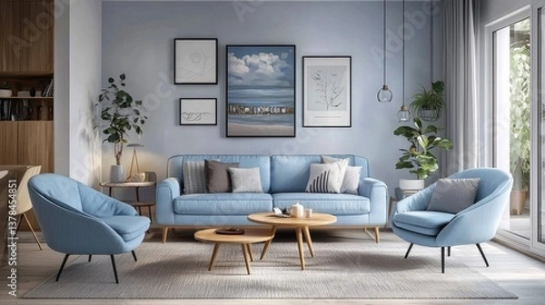Fototapeta Cozy living space decorated with a soft blue couch and a striking picture