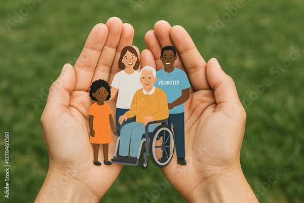 Obraz Community care and diversity concept showing illustrated group of people in hands including elderly, child, volunteer, and multiracial individuals representing compassion, support, and inclusion