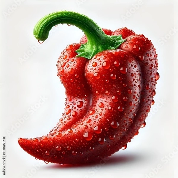 Obraz Red bell pepper with water droplets on a clean white background.








