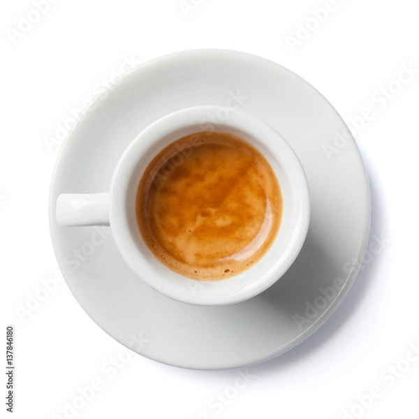 Obraz Close up of coffee cup and saucer. Top view, isolated on white.