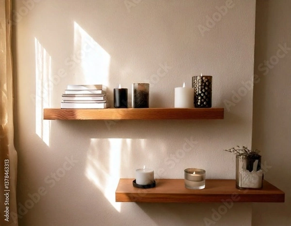 Fototapeta アロマキャンドルのあるシンプルな飾り棚、明るい部屋のおしゃれなインテリア