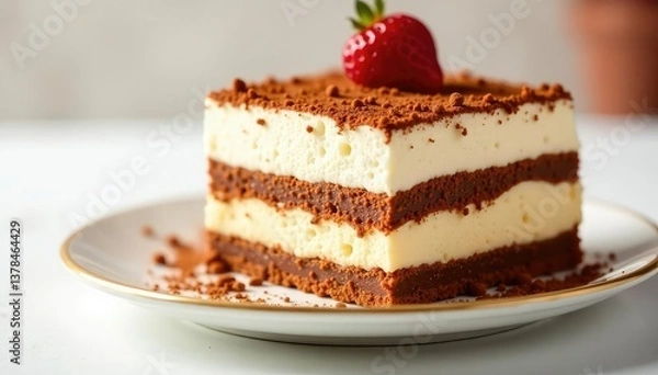 Fototapeta Rich, decadent tiramisu, dusted with cocoa powder, on a white backdrop , isolated, high-quality, savoiardi