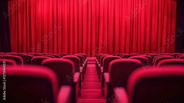 Obraz Red cinema theater with red velvet curtains and rows of seats. 