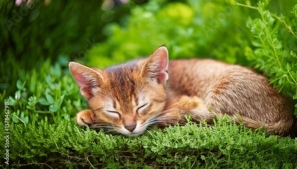 Fototapeta 庭で居眠りをするかわいい子猫
