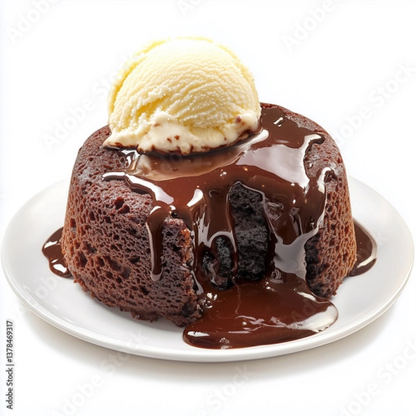Fototapeta a chocolate lava cake with a gooey center, served with a scoop of vanilla ice cream, i