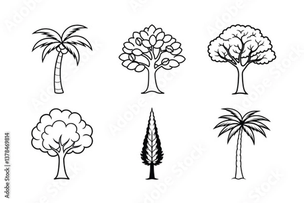 Fototapeta Black vector set of tree silhouettes includes pine, palm, birch, and oak, a natural forest illustration with leaf and branch outlines for autumn pattern design  Black vector 
