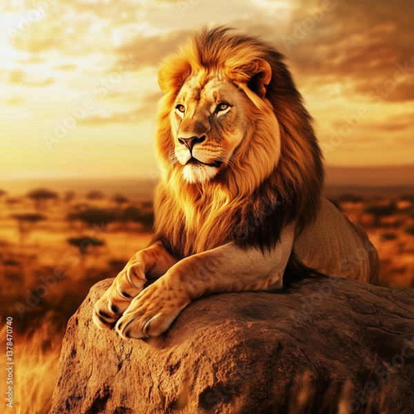 Obraz  A majestic male lion with a golden mane, lying on a large rock, basking in the warm glow of an African sunset, with golden grasslands and distant acacia trees in the background. 