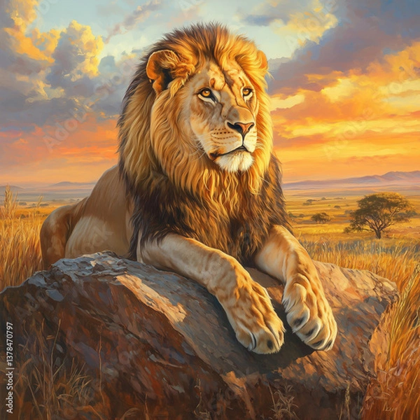 Obraz  A majestic male lion with a golden mane, lying on a large rock, basking in the warm glow of an African sunset, with golden grasslands and distant acacia trees in the background. 