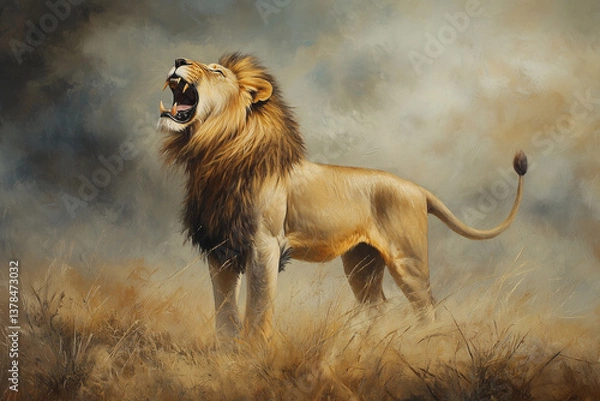 Obraz  A majestic male lion with a golden mane, lying on a large rock, basking in the warm glow of an African sunset, with golden grasslands and distant acacia trees in the background. 