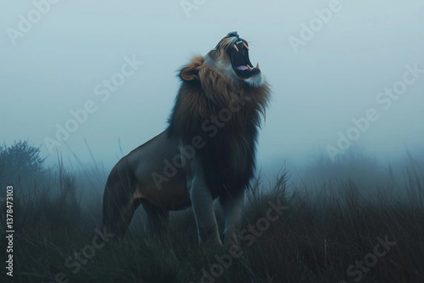 Obraz  A majestic male lion with a golden mane, lying on a large rock, basking in the warm glow of an African sunset, with golden grasslands and distant acacia trees in the background. 